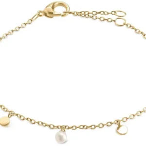 Goldfarbenes Gliederarmband mit Perlen und kleinen runden Schmuckanhängern