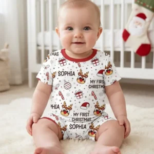 Custom Name Reindeer Doodle My First Christmas Bamboo Two Piece Short Sleeve Shorts Pajama Set