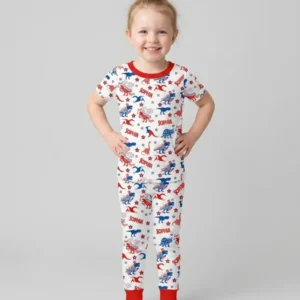 Custom Name Patriotic Dinosaur Bamboo Two Piece Short Sleeve Pajama Set