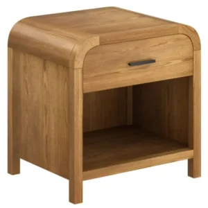 Bowman natural finish accent table showing fully extending drawer on metal glides