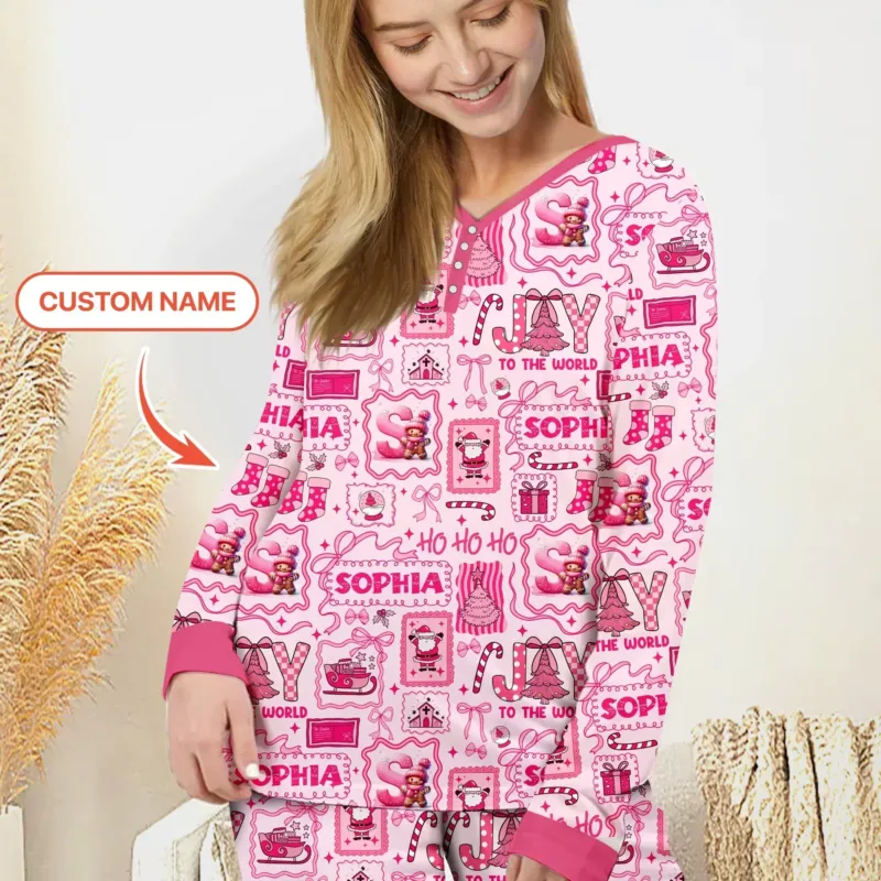 Custom Name Preppy Pink Christmas Women Pajama Set , Custom Name Preppy Pink Christmas Women Pajama Set - Only Shirt / S