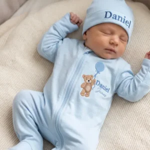 Custom Name Teddy Balloon Embroidered Bamboo Zipper Footie