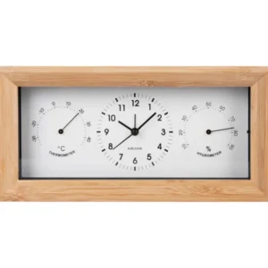 Rechteckiger Wecker mit Holzrahmen, weißem Zifferblatt und Thermometer/Hygrometer