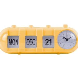 Retro-Röhrenwecker gelb mit Klappzahlen MON, DEC und Kalenderblatt sowie Uhr rechts