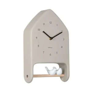 Wanduhr im Vogelhaus-Design, warmgrau mit Zifferblatt und zwei weißen Vögeln