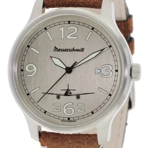 Messerschmitt Herrenarmbanduhr: braunes Lederband, graues Zifferblatt mit 12/3/6