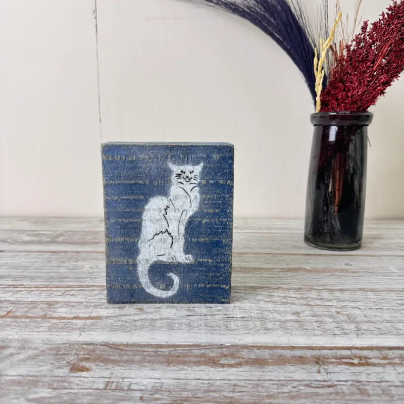 Holzblock 15cm Holz Katze Blau Weiß Vintage Shabby Deko
