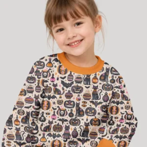 Whimsical Tribal Retro Halloween Black Cats Pumpkins Bamboo Crewneck Sweatshirt