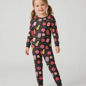 Custom Name Colorful Pumpkin Bamboo Two Piece Long Sleeve Pajama Set