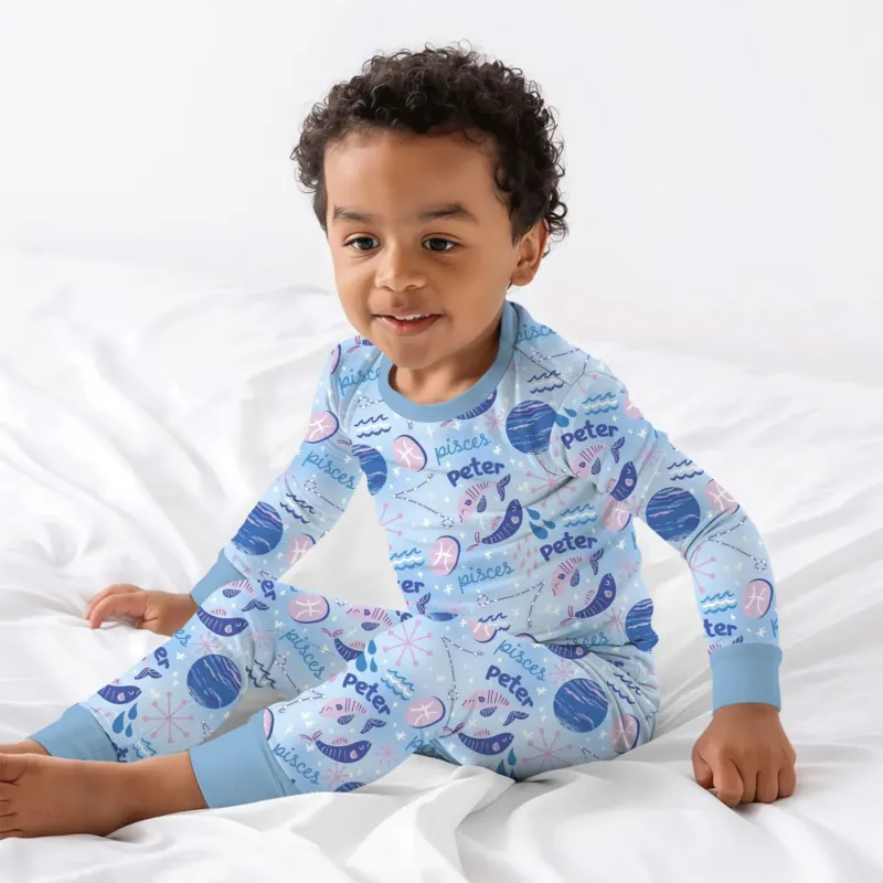 Custom Name Zodiac Pisces Bamboo Two Piece Long Sleeve Pajama Set