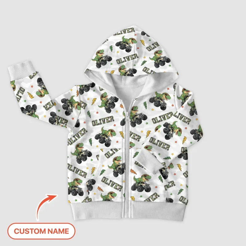Custom Name Camo Trucker Dino Bamboo Zip Hoodie