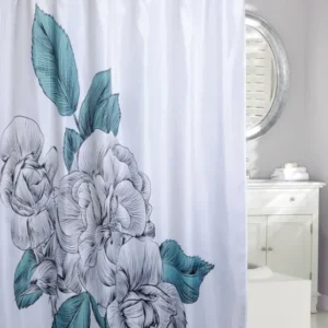 BLUE SKETCH FLORAL SHOWER CURTAIN FABRIC WHT/BLK/TEAL 70" X 72" (6-24) DNO