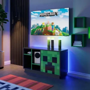 Minecraft TV-Lowboard „CreeperCube“ – mit Push-Open Tür & offenen Fächern