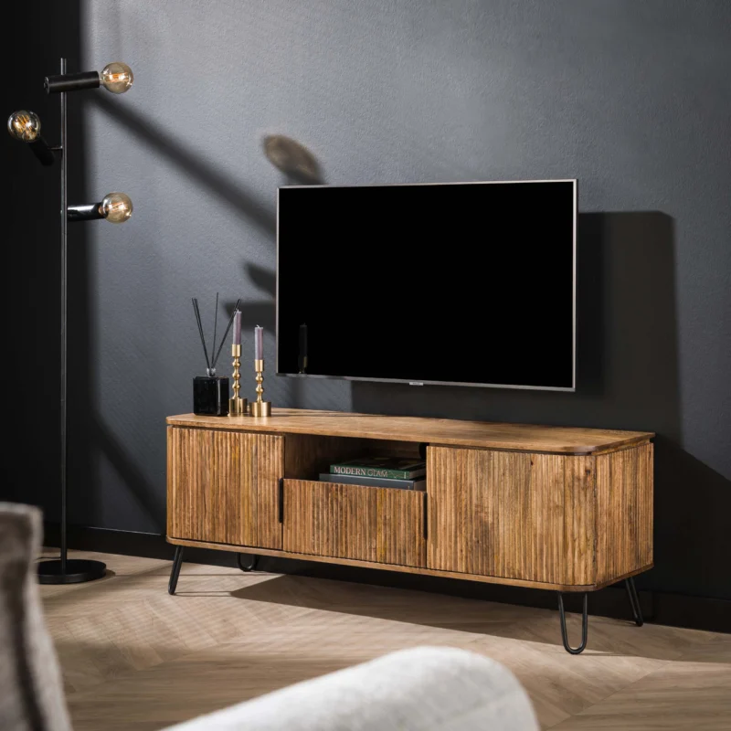 WAVE TV-Möbel 1 Schublade + 2 Türen / Massiv Mango sand Metallfüße schwarz