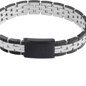 Gliederarmband aus Edelstahl mit silbernen Gliedern und schwarzem Klappverschluss