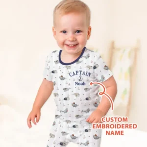 Custom Embroidered Name Little Captain of the Whale Crew Bamboo Two Piece Short Sleeve Shorts Pajama Set