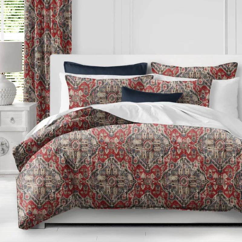 Charvi red and blue COVERLET set with Kilim-inspired motif on bed, handcrafted in Canada with linen blend fabric