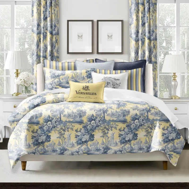Giverny COVERLET set with Monet-inspired floral design on butter yellow, handcrafted in Canada with cotton twill
