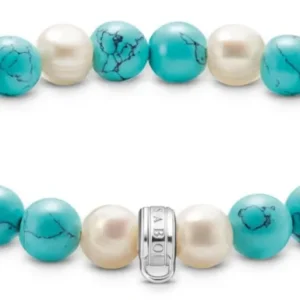 Perlenarmband mit türkisfarbenen Steinperlen und weißen Perlen, silbernem Charm-Verschluss