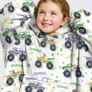 Custom Name Mardi Gras Monster Trucks Bamboo Blanket Hoodie