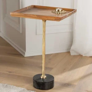 TRAYFUL Design Beistelltisch 55cm natur Akazie Massivholz schwarzer Marmorfuß gold Metall