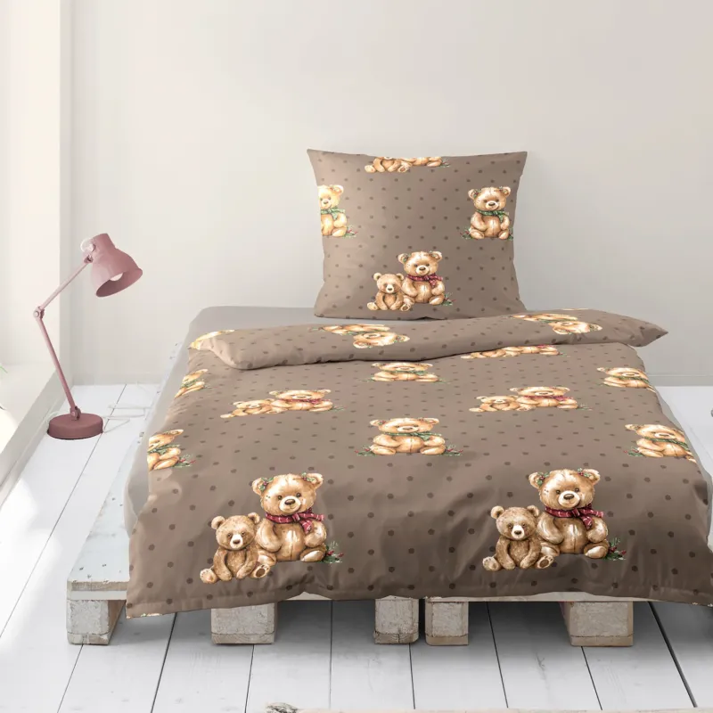 Bettwäsche Mako Satin Braun mit Teddybärmotiv 135 x 200 cm