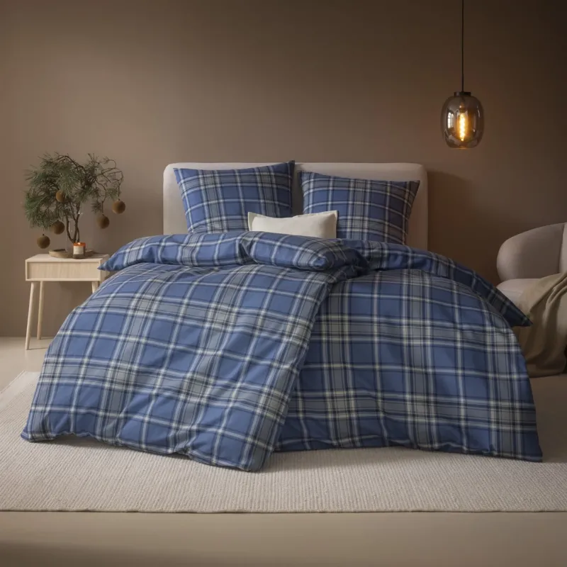 Bettwäsche Flanell Quirin Blau mit Karomuster 135 x 200 cm