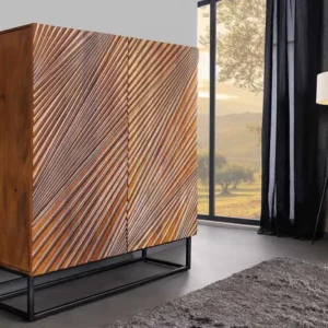 Massives Highboard ART 120cm braun Mangoholz 3D-Design schwarz Metall