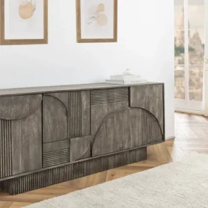 ART DECO Design Sideboard 170cm grau smoked Mangoholz massiv 3D-Front