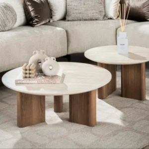 Couchtisch Tavira - 2er Set mit Keramikplatte in Travertinoptik und runder Form