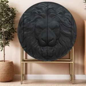 Massives Highboard LION 140cm braun Akazie 3D Schnitzereien Kunstwerk
