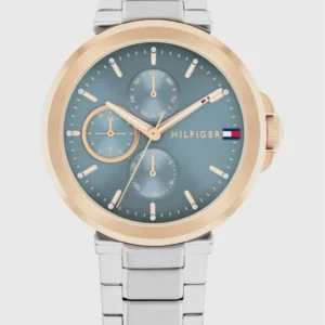 Tommy Hilfiger Damenarmbanduhr mit blauem Zifferblatt, roségoldenem Gehäuse und Edelstahlband