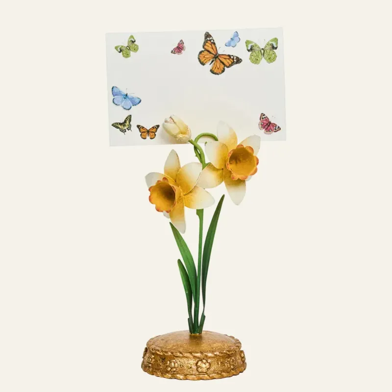 Juliska Meadow Walk place card holder with daffodil stem design on gold base, butterfly card.