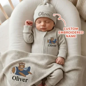 Personalized Pilot Bear Embroidered Waffle Bamboo Zipper Footie
