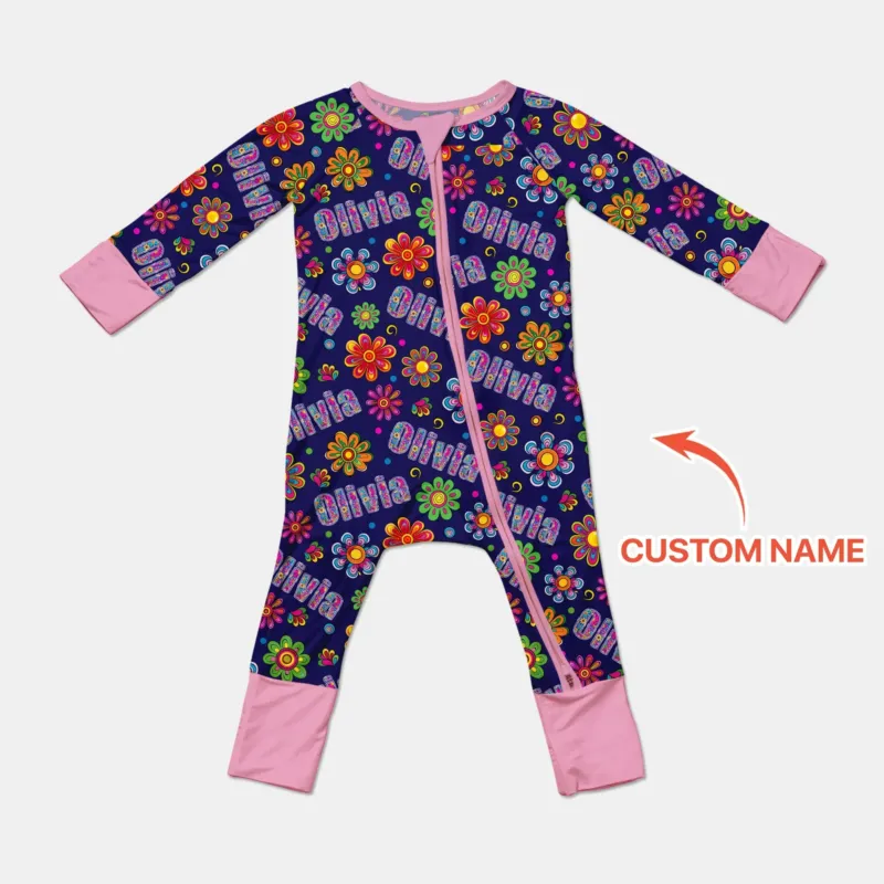 Custom Name Rainbow Hippie Flowers Bamboo Convertible Zippy