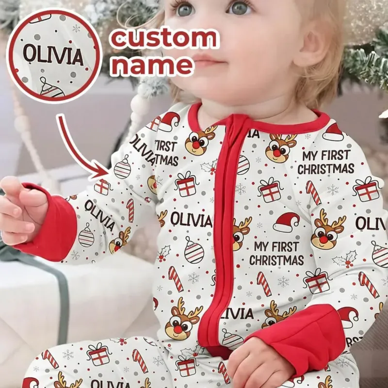 Custom Name Reindeer Doodle My First Christmas Bamboo Convertible Zippy