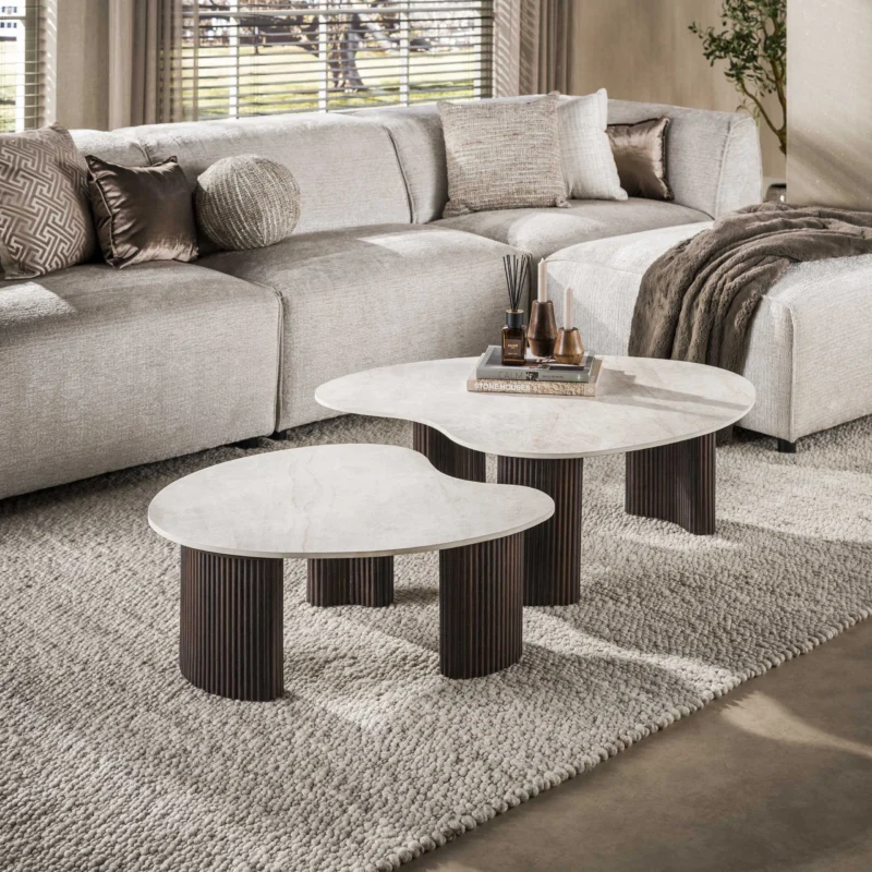 CERAMO aperto Couchtisch 2er Set / 3D Keramik Taj Mahal/ Travertinoptik