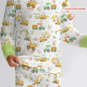 Easter Construction Vehicles Custom Name Bamboo Two Piece Long Sleeve Pajama Set