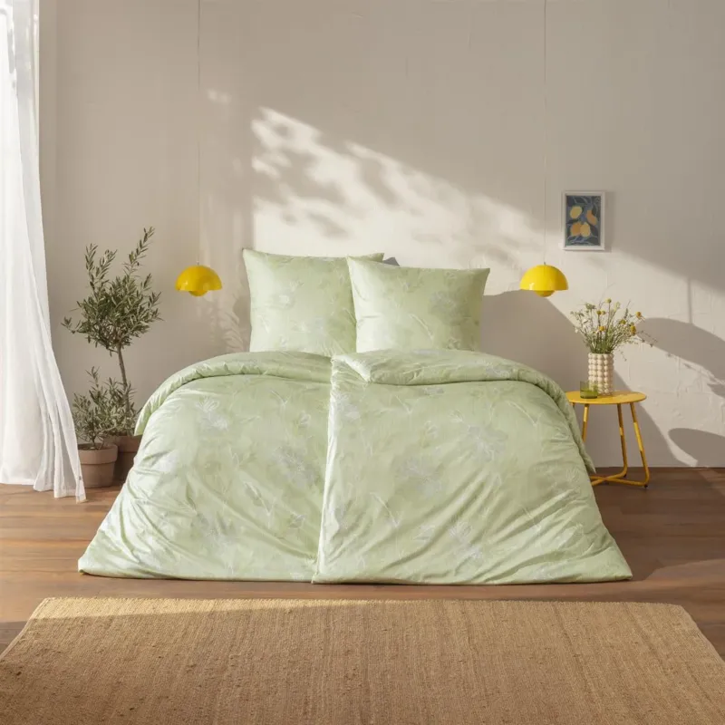 Bettwäsche Interlock Jersey Edessa Grün mit Blumenmuster 135 x 200 cm