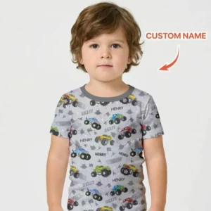 Monster Truck Dirt Jam Custom Name Daddy & Me Matching Bamboo Two Piece Short Sleeve Shorts Pajama Set