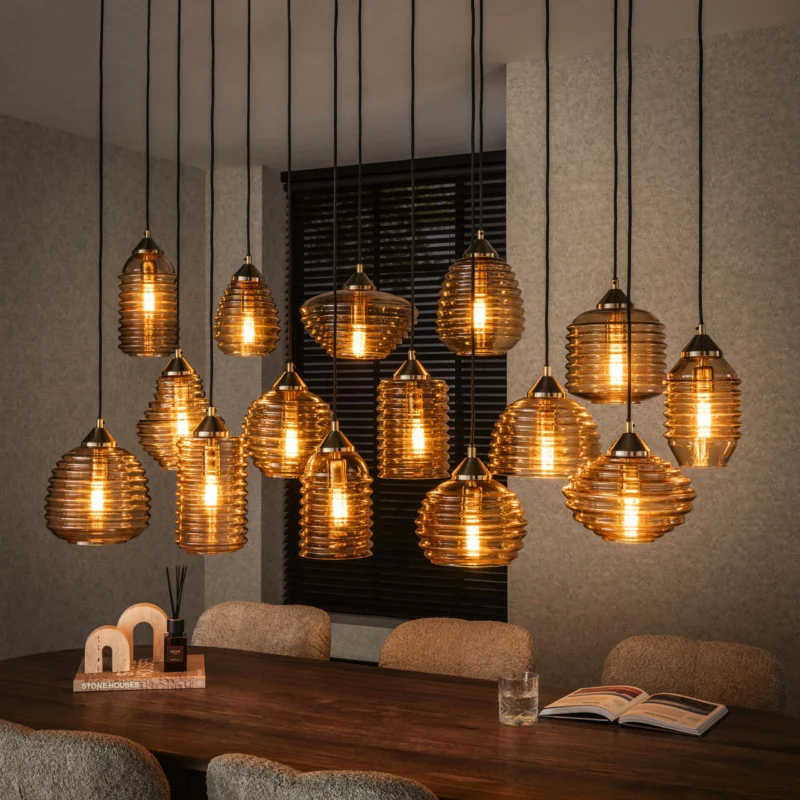 Pendelleuchte Rib Glass 5+5+5-Fassungen / Amberfarbenes Glas