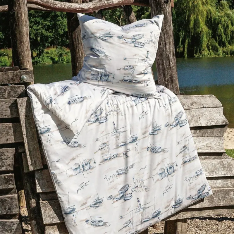 Bettwäsche Mako Satin Moments Weiß mit maritimem Muster 4-teilig 135 x 200 cm