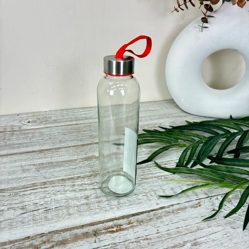 Trinkflasche 500ml Glas Transparent Rotes Band Metalldeckel Wasserflasche