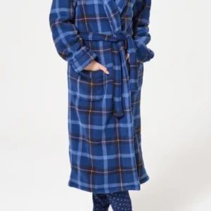 Robe de chambre polaire femme tartan marine et rose 1