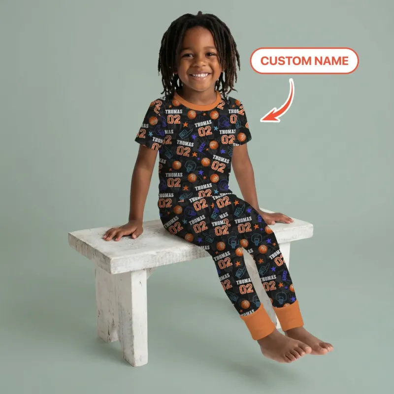 Custom Name Basketball Time Bamboo Two Piece Short Sleeve Pajama Set