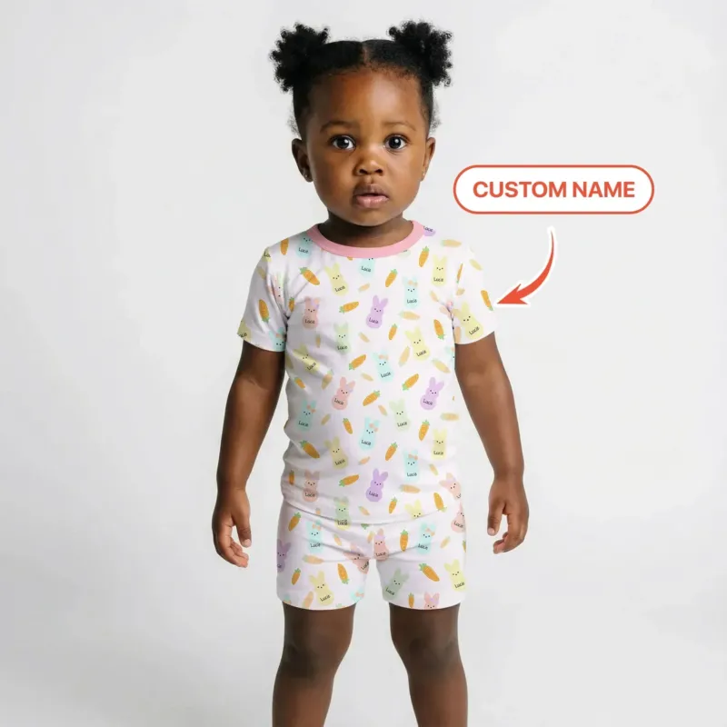 Custom Name Easter Bunny Bamboo Two Piece Short Sleeve Shorts Pajama Set