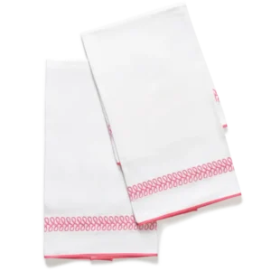 Matouk Astor Braid white linen guest towels with coral embroidered braid trim, set of two.