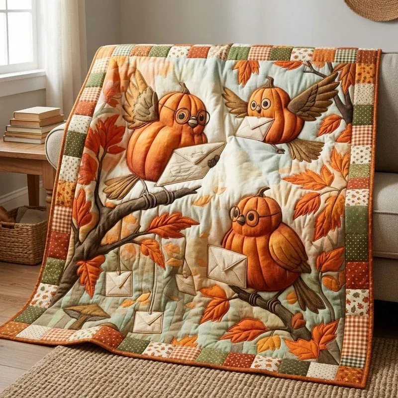 Autumn Pumpkin Birds Bamboo Quilt Blanket