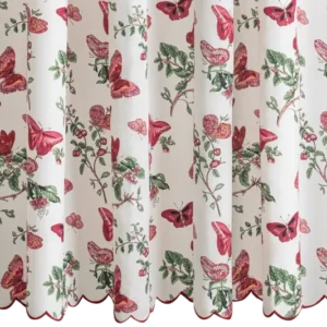 Matouk Baudin Butterfly linen shower curtain in crimson and green floral print.