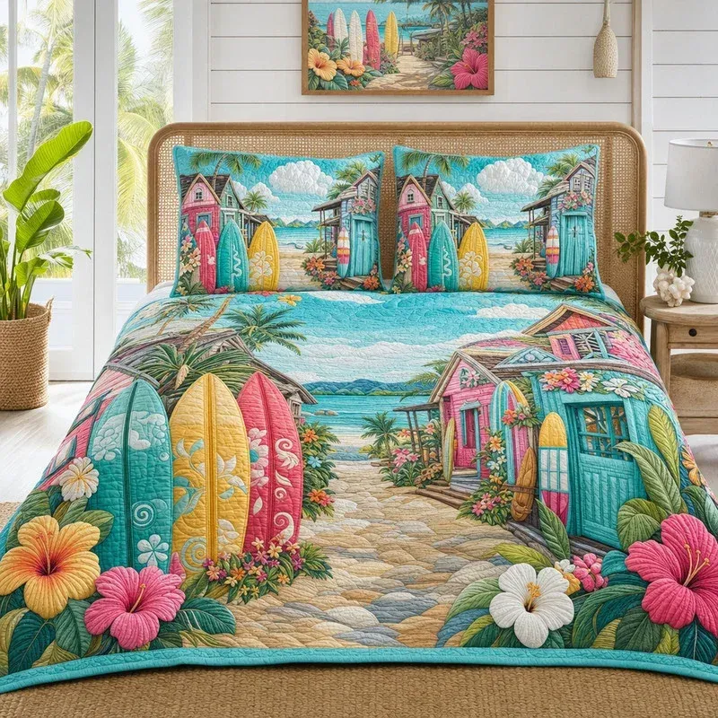 Beach Shack Tropical Bamboo Quilt Bedding Set